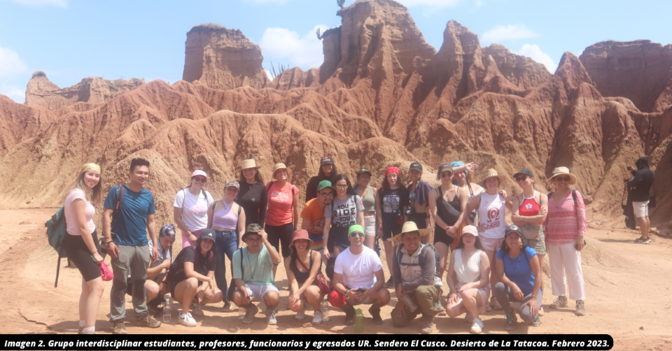 Grupo interdisciplinar estudiantes, profesores, funcionarios y egresados UR. Sendero El Cusco. Desierto de La Tatacoa. Febrero 2023.